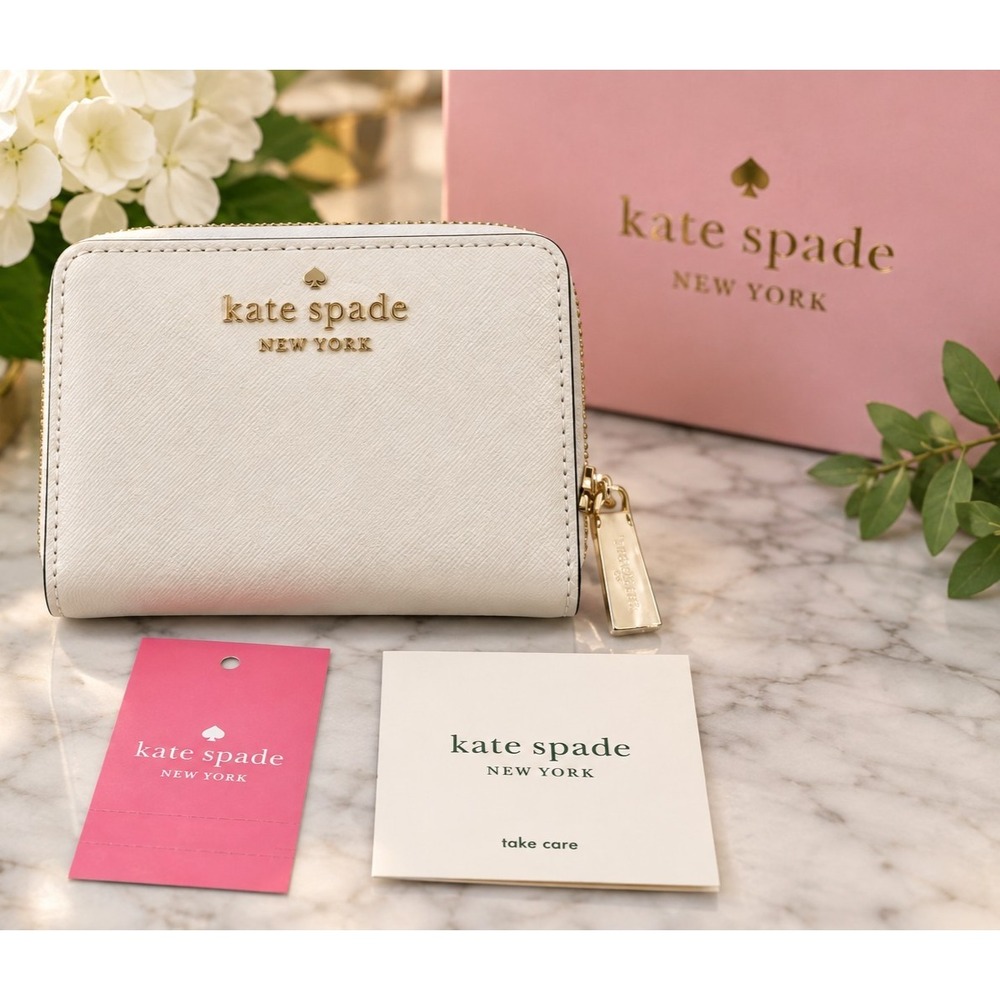 Kate Spade Staci Small L-Zip Bifold Wallet Parchment Ivory Saffiano NWT